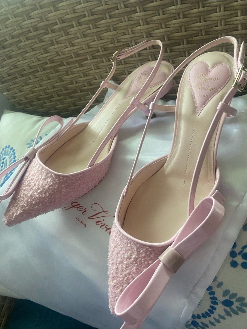 Roger Vivier Pale Pink Pointed-Toe Slingback Heels with Bow